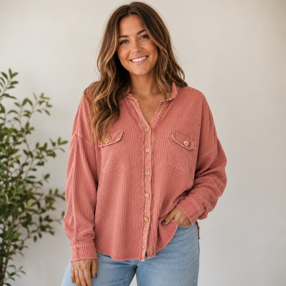 Free People FP One Waffle Knit Top SMALL Rose Pink Oversized Button (2229)